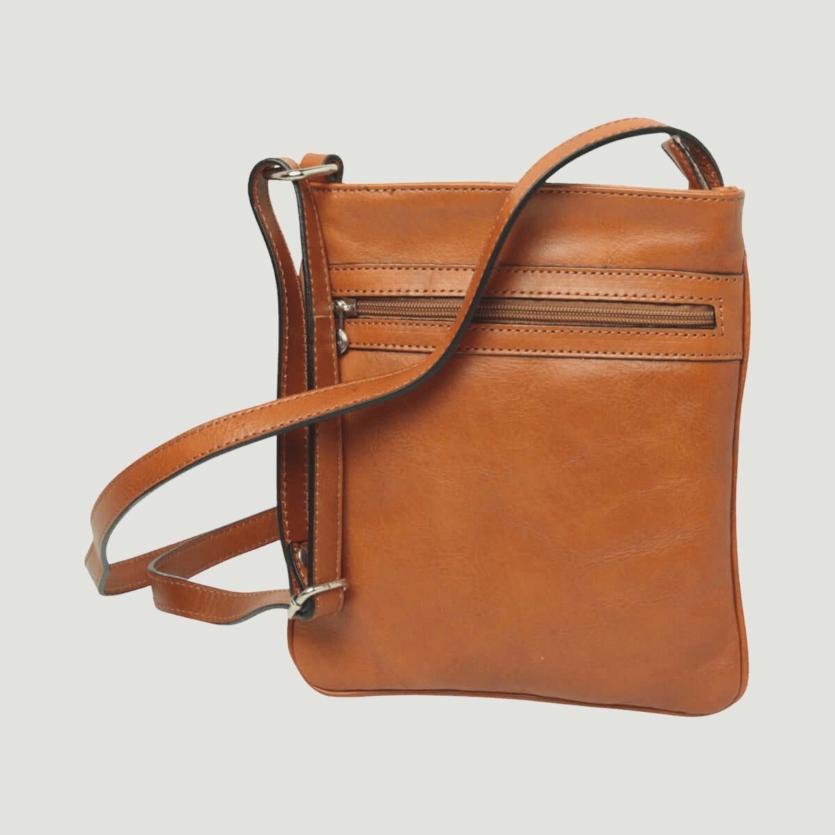 Borsa a tracolla in pelle piccola color cuoio con due tasche con zip e tracolla regolabile