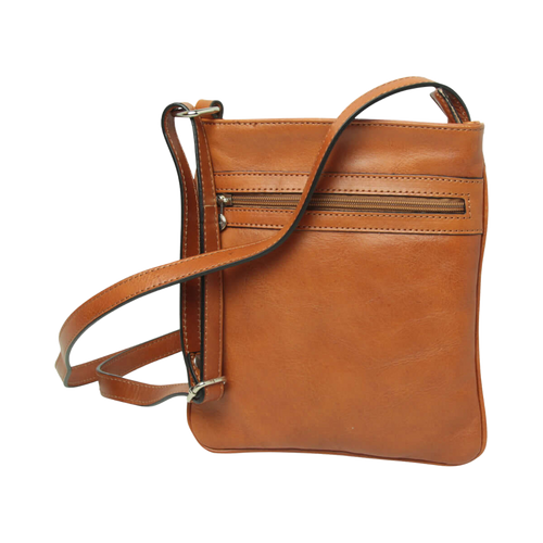 Borsa a tracolla in pelle marrone con tracolla regolabile e dettagli a righe
