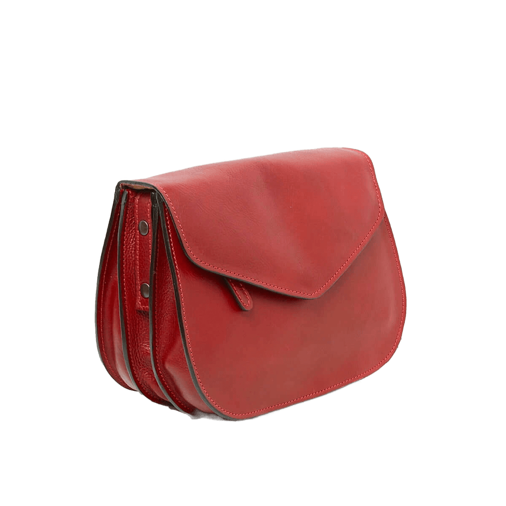 Borsa a tracolla rossa in pelle con patta e dettagli laterali con bottoni