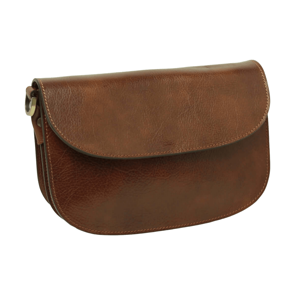 Borsa a tracolla marrone in vitello pieno fiore con patta frontale