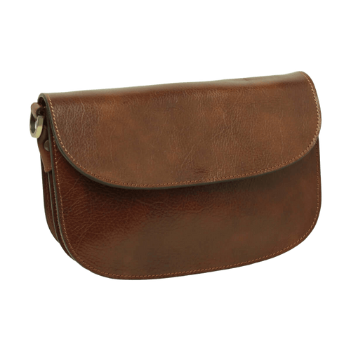 Borsa a tracolla marrone in vitello pieno fiore con patta frontale