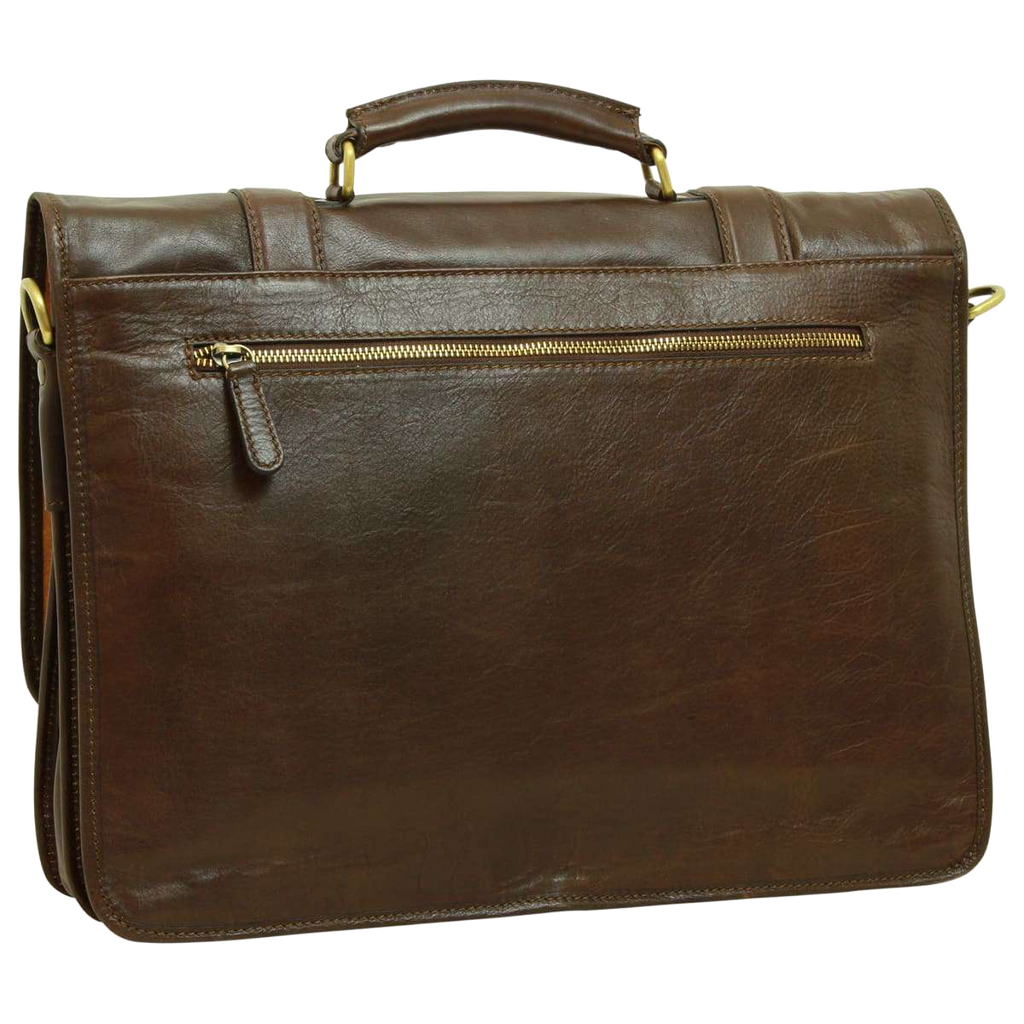Cartella in pelle marrone scuro con maniglia superiore e zip decorativa.
