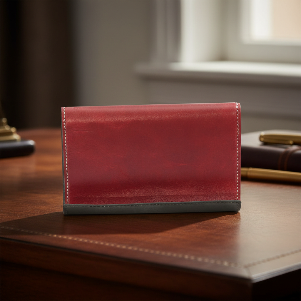 Supporto in pelle rossa con bordo cucito e base grigia