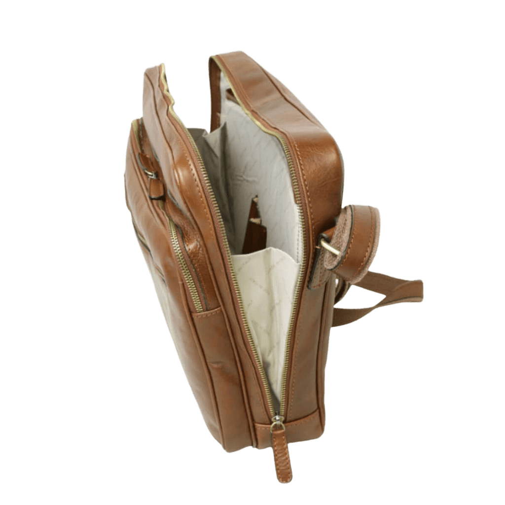 Borsa messenger in pelle marrone con interno foderato e zip laterale
