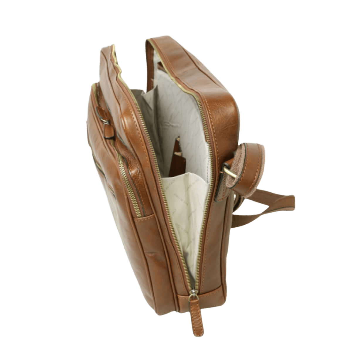Borsa messenger in pelle marrone con interno foderato e zip laterale
