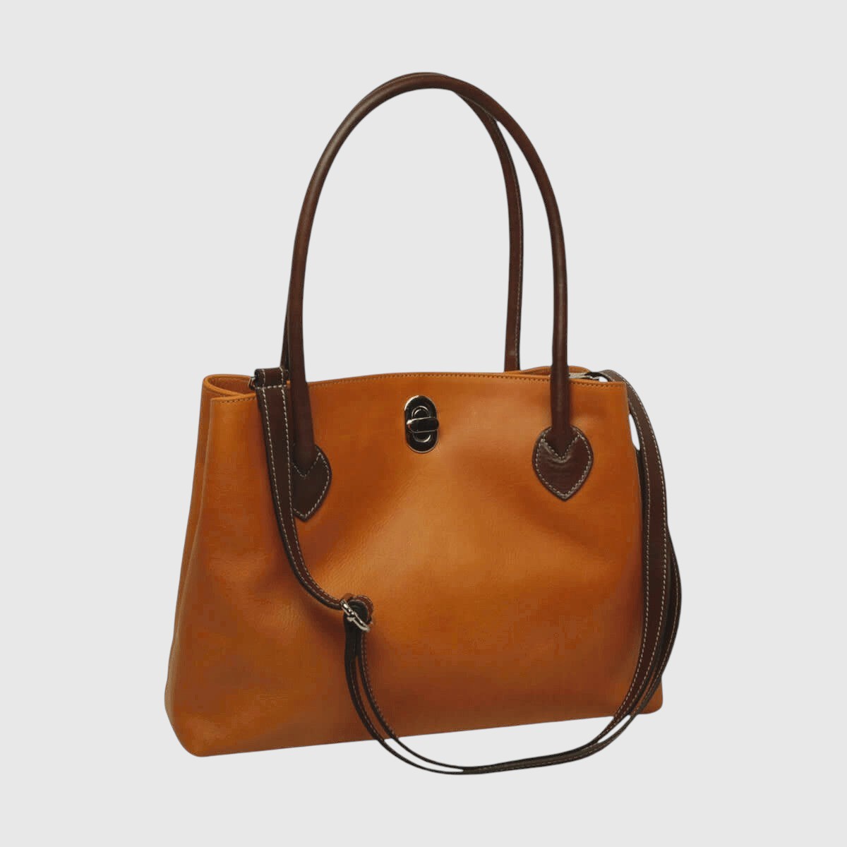 Borsa in pelle giallo ocra con due manici, stemma centrale e passante marrone