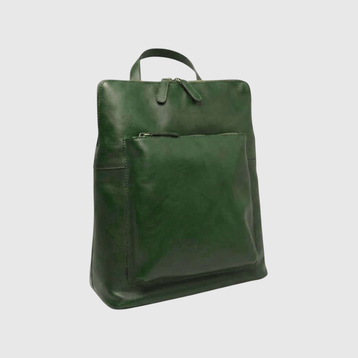 Zaino in pelle verde con maniglia superiore e tasca frontale