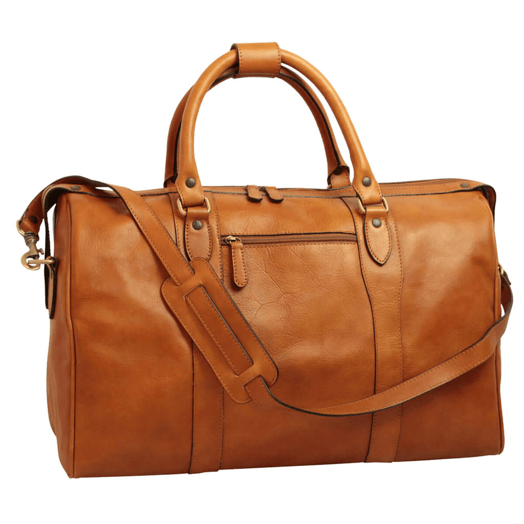 Borsa da viaggio in pelle marrone con manici, tracolla e chiusura lampo