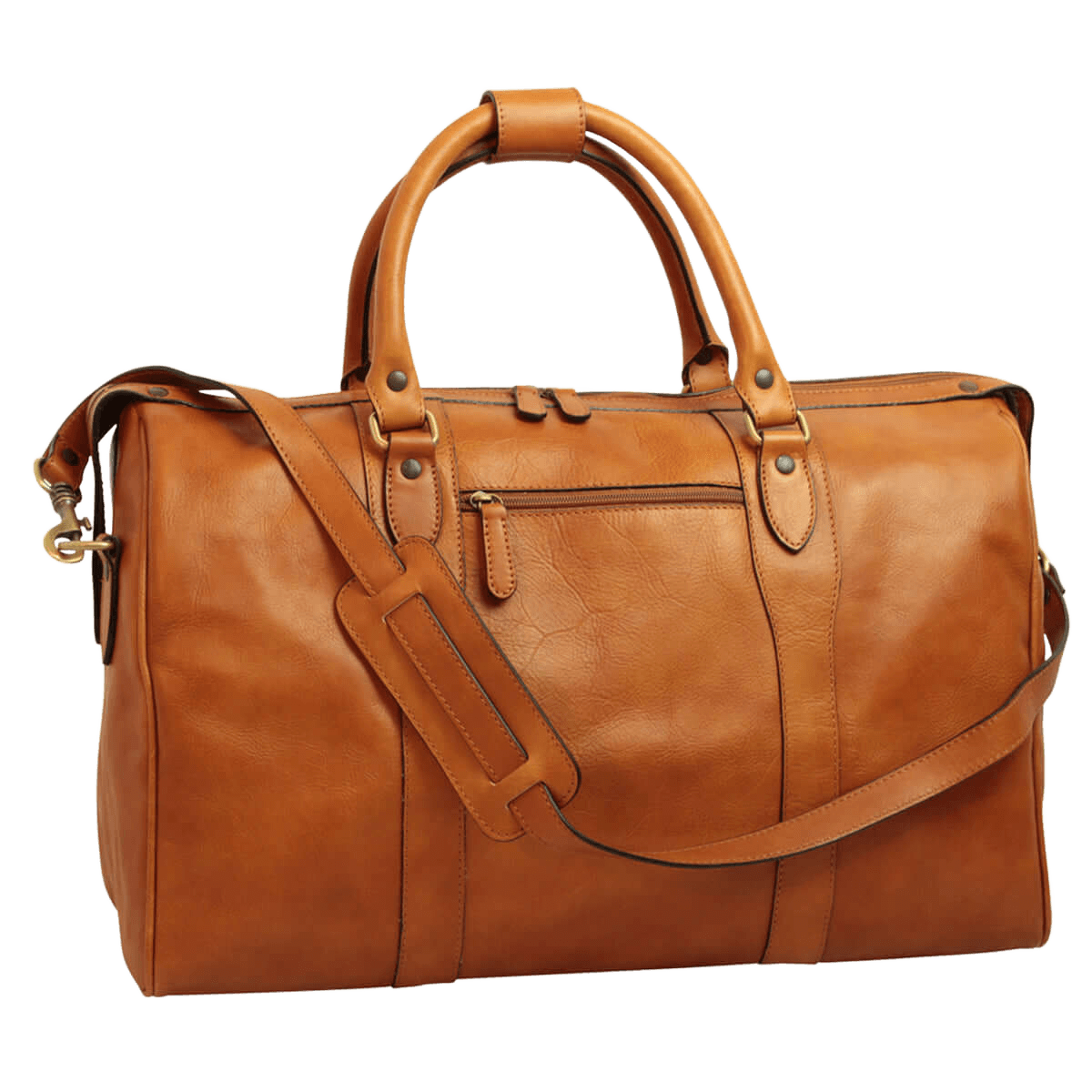 Borsa da viaggio in pelle marrone con manici, tracolla e chiusura lampo