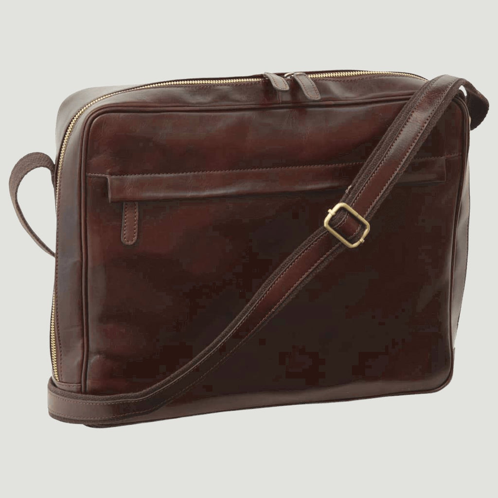 Borsa messenger in pelle pieno fiore marrone scuro con tracolla e zip frontale
