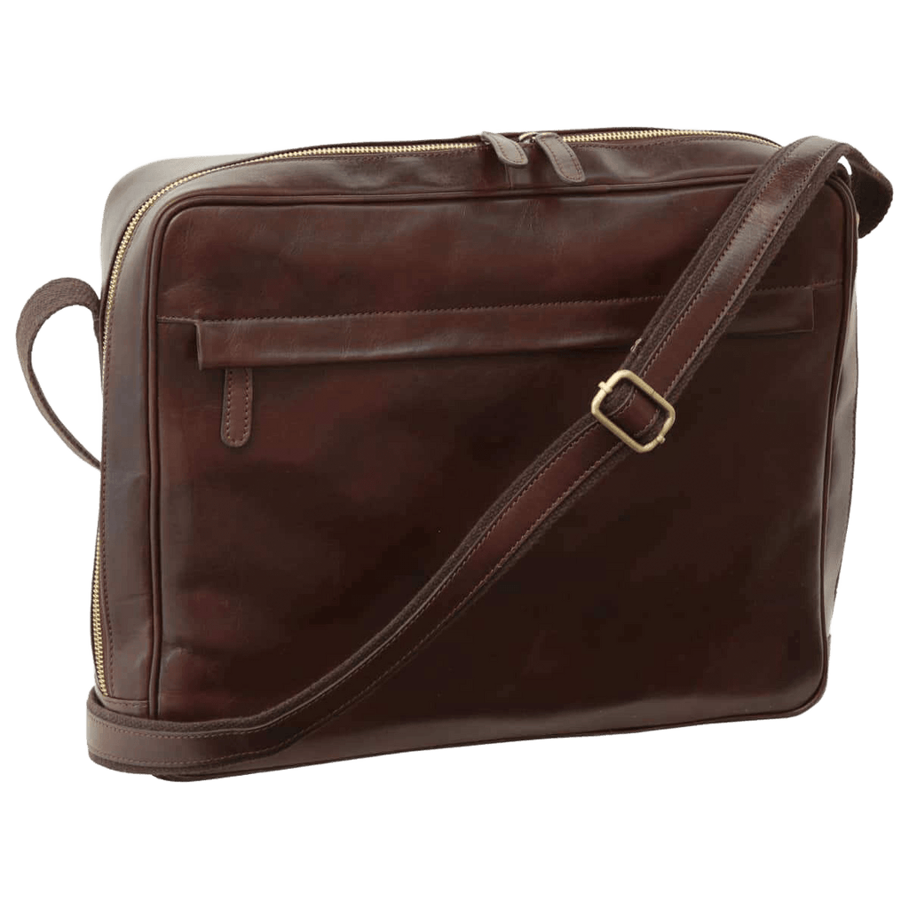 Borsa messenger marrone scuro in pelle con tasca frontale e zip superiore