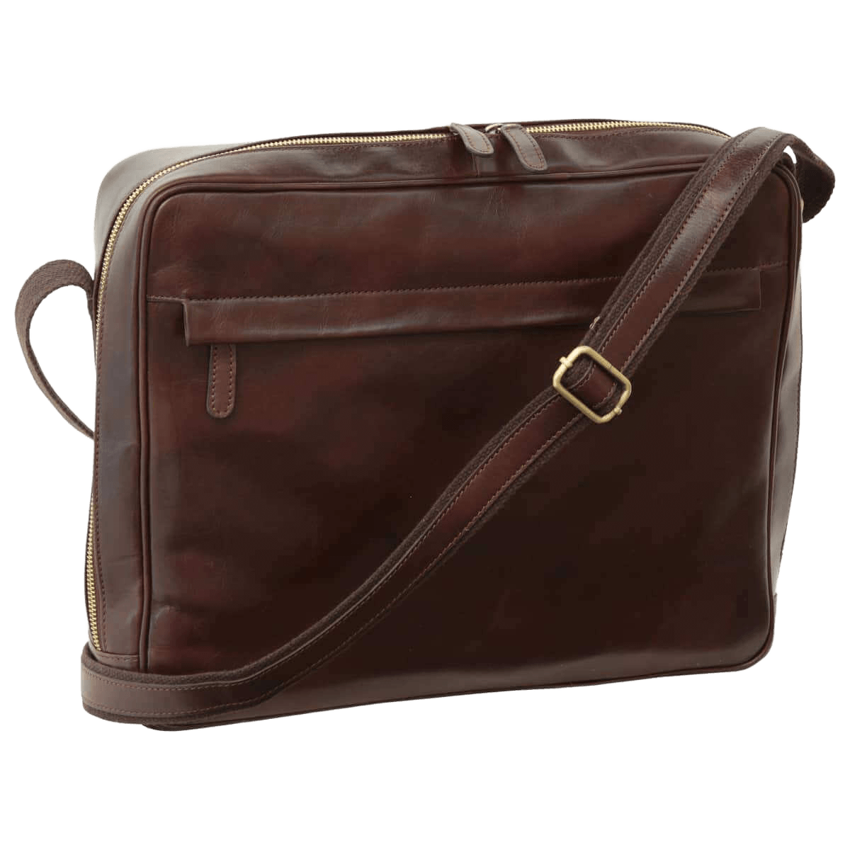 Borsa messenger marrone scuro in pelle con tasca frontale e zip superiore