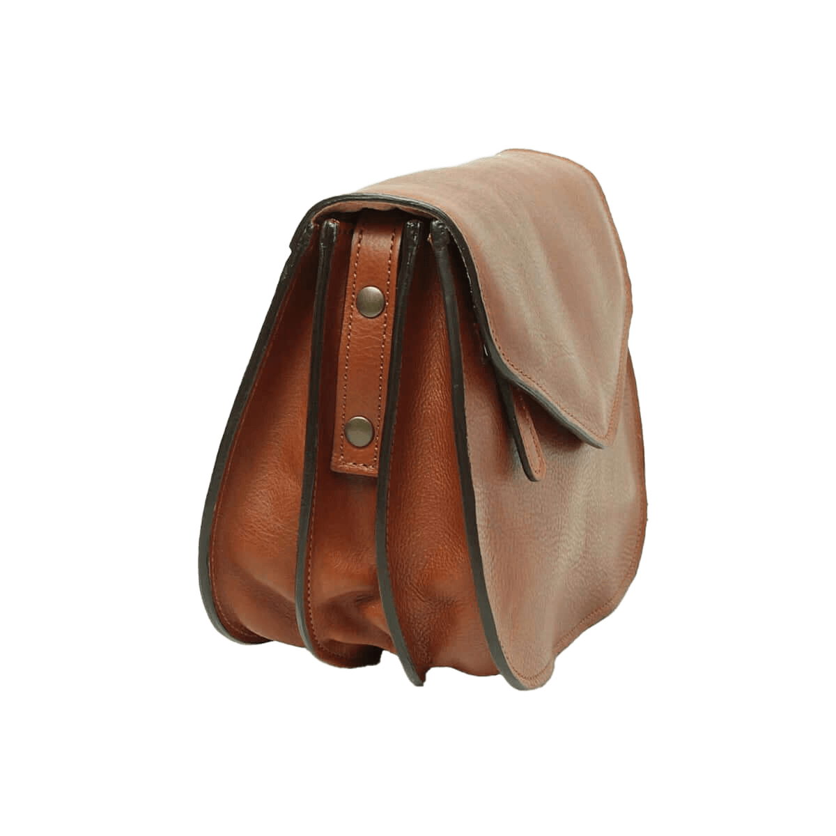 Borsa a tracolla in pelle color teak con pattina e bottoni sul retro.