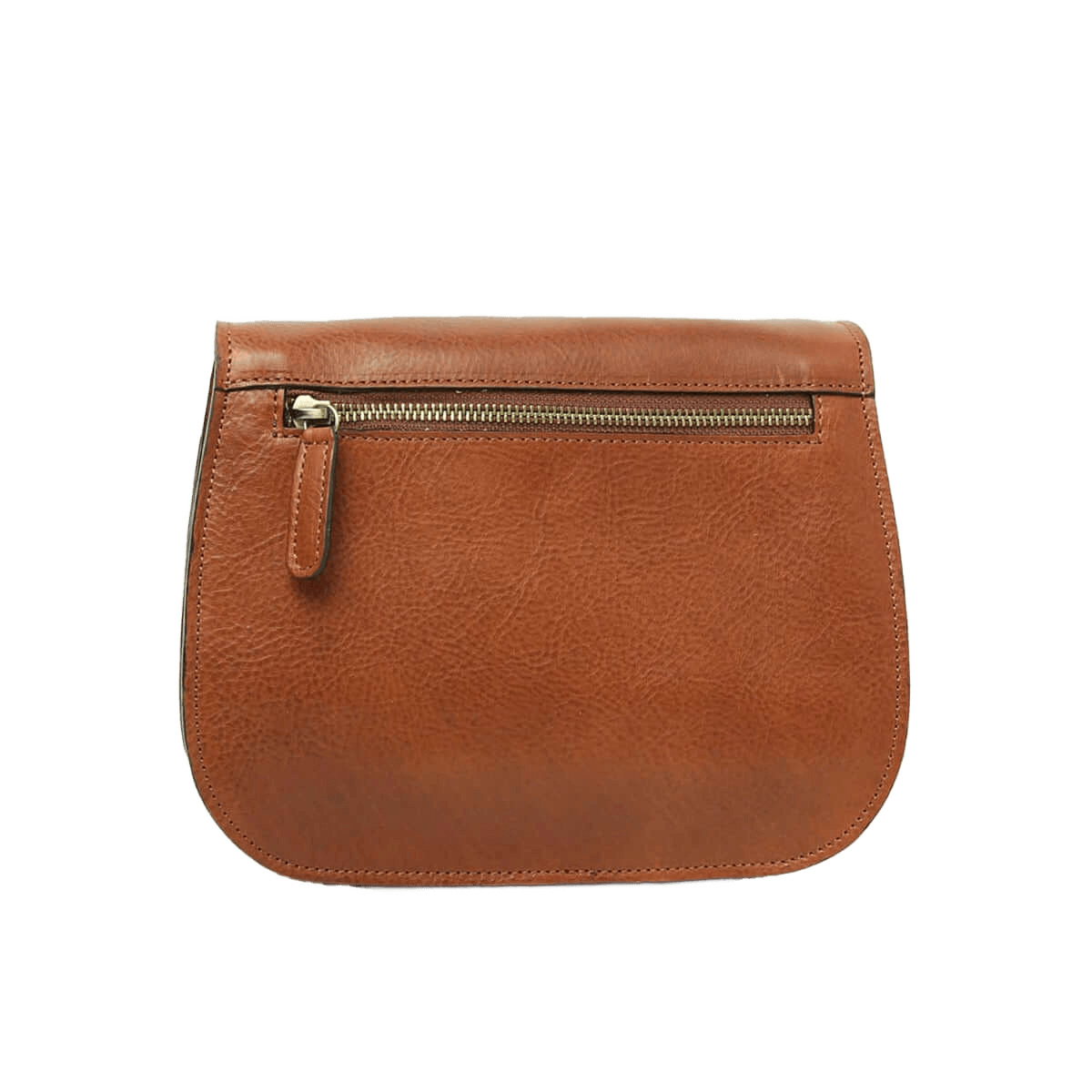 Borsa in pelle color teak con pattina e zip metallica frontale.