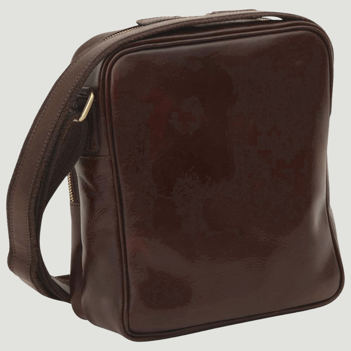 Borsa messenger piccola in pelle marrone scuro con zip superiore e tracolla