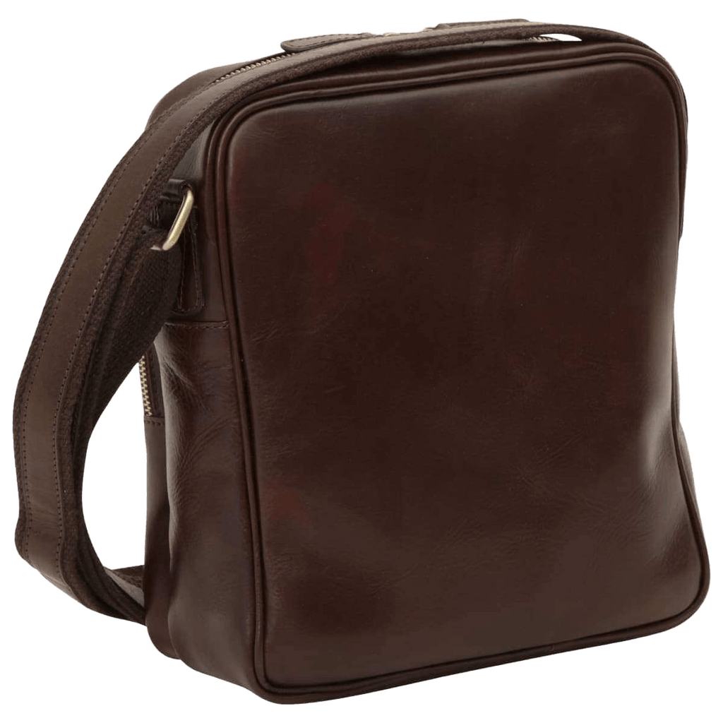 Borsa messenger in pelle di vitello marrone scuro piccola con tasca e tracolla