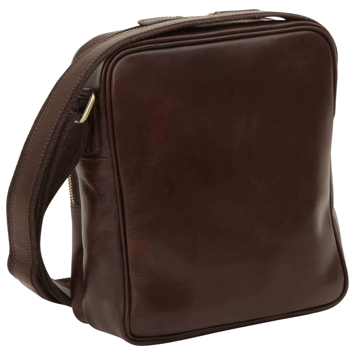 Borsa messenger in pelle di vitello marrone scuro piccola con tasca e tracolla