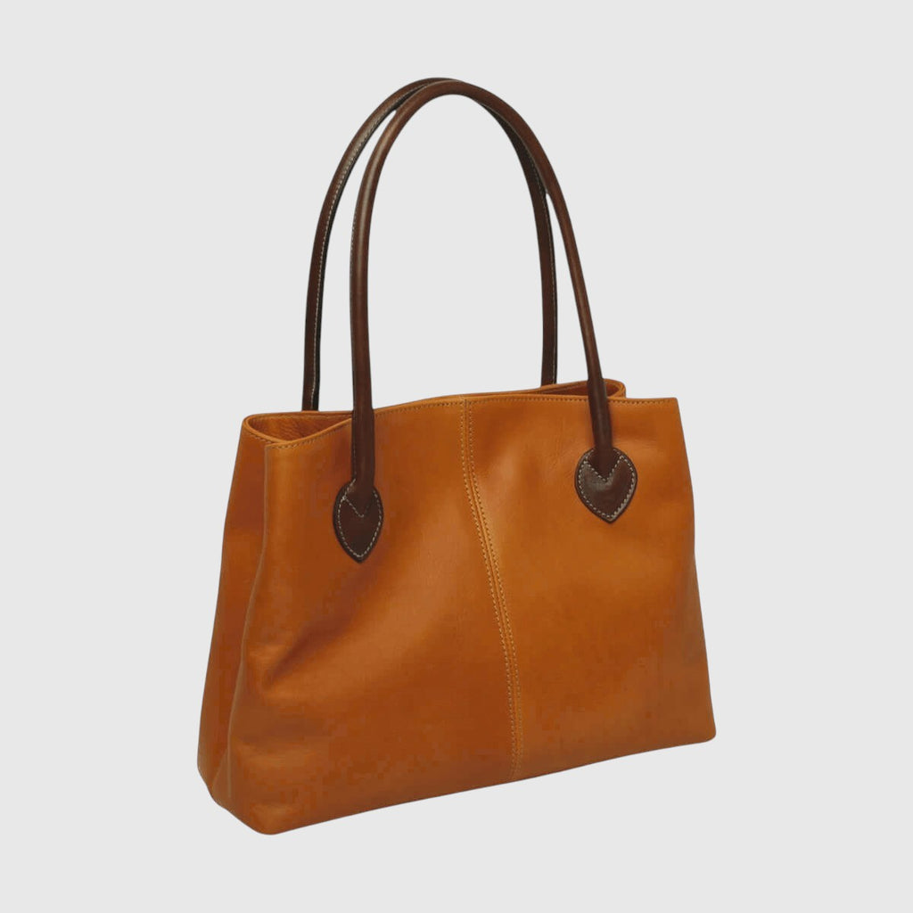 Borsa tote in pelle giallo ocra con due manici e inserti marroni