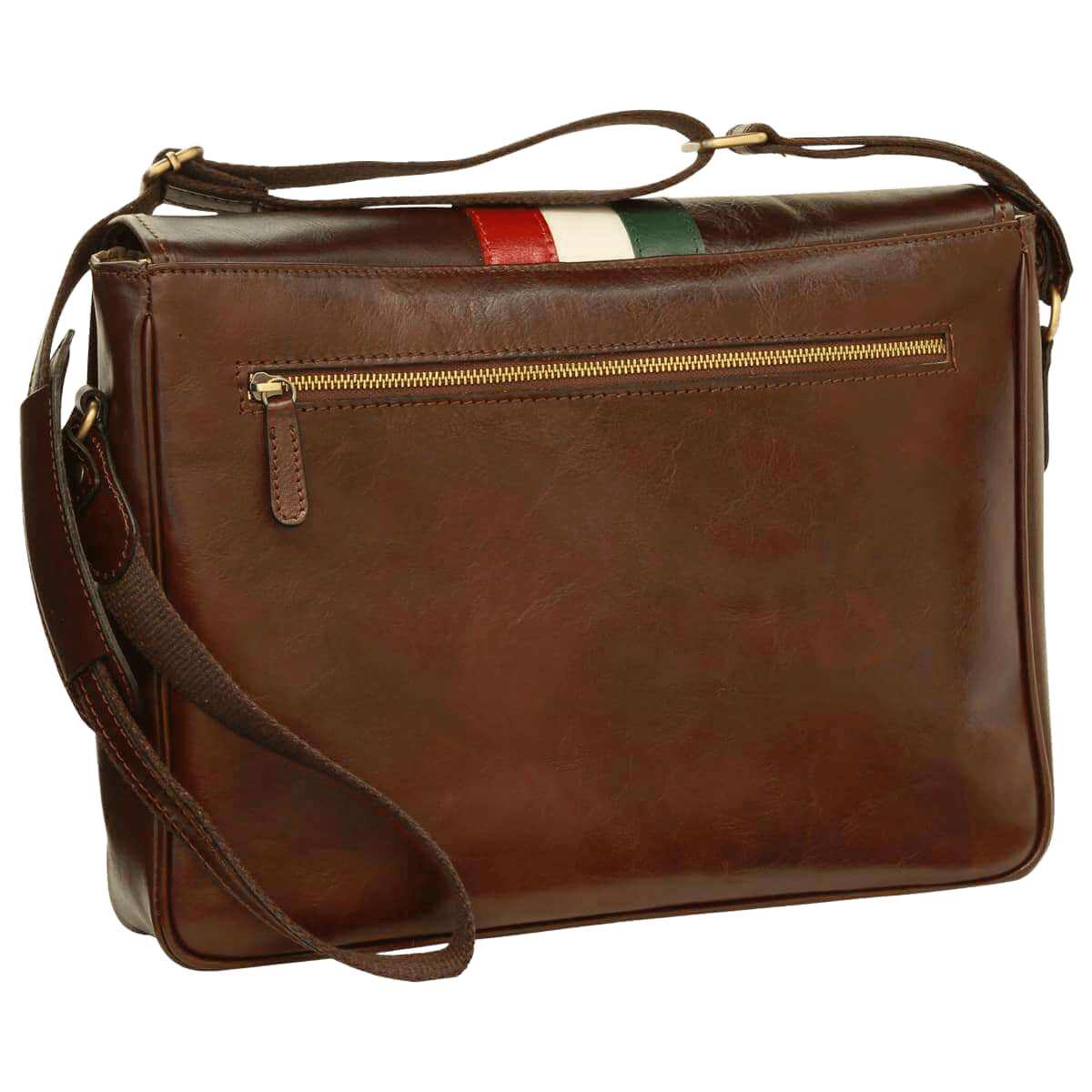 Borsa messenger in pelle marrone con tracolla e tasca frontale con zip