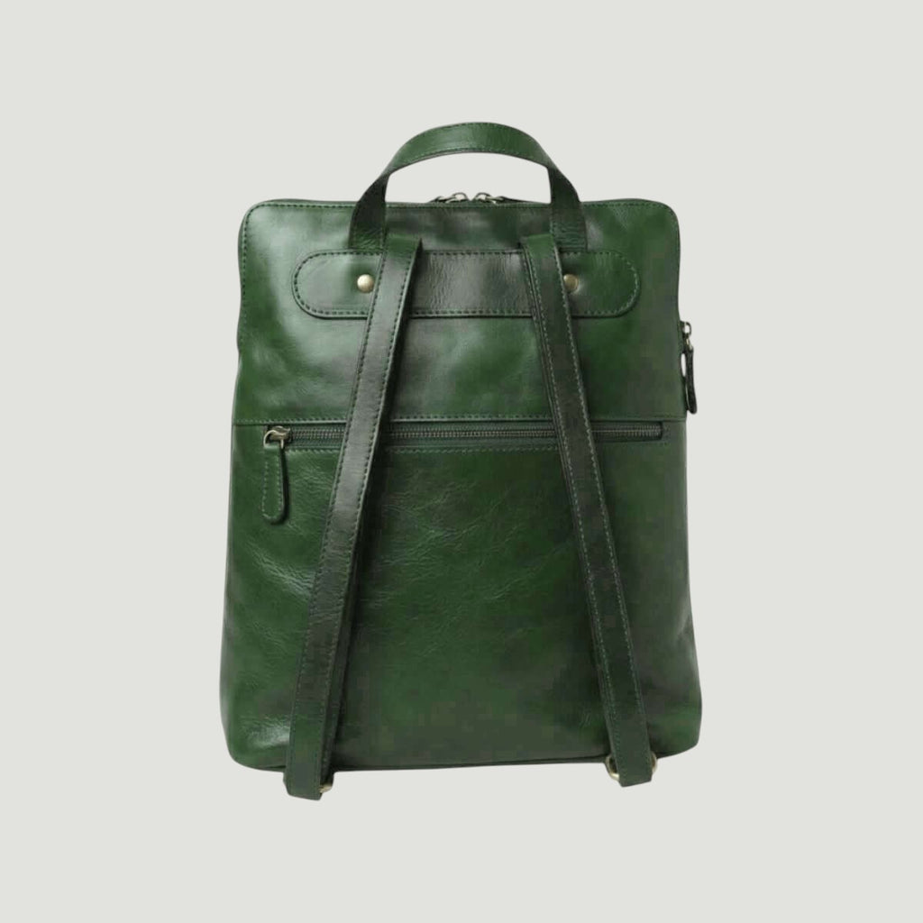 Zaino in pelle verde con manici doppi, tasche frontali e spallacci regolabili