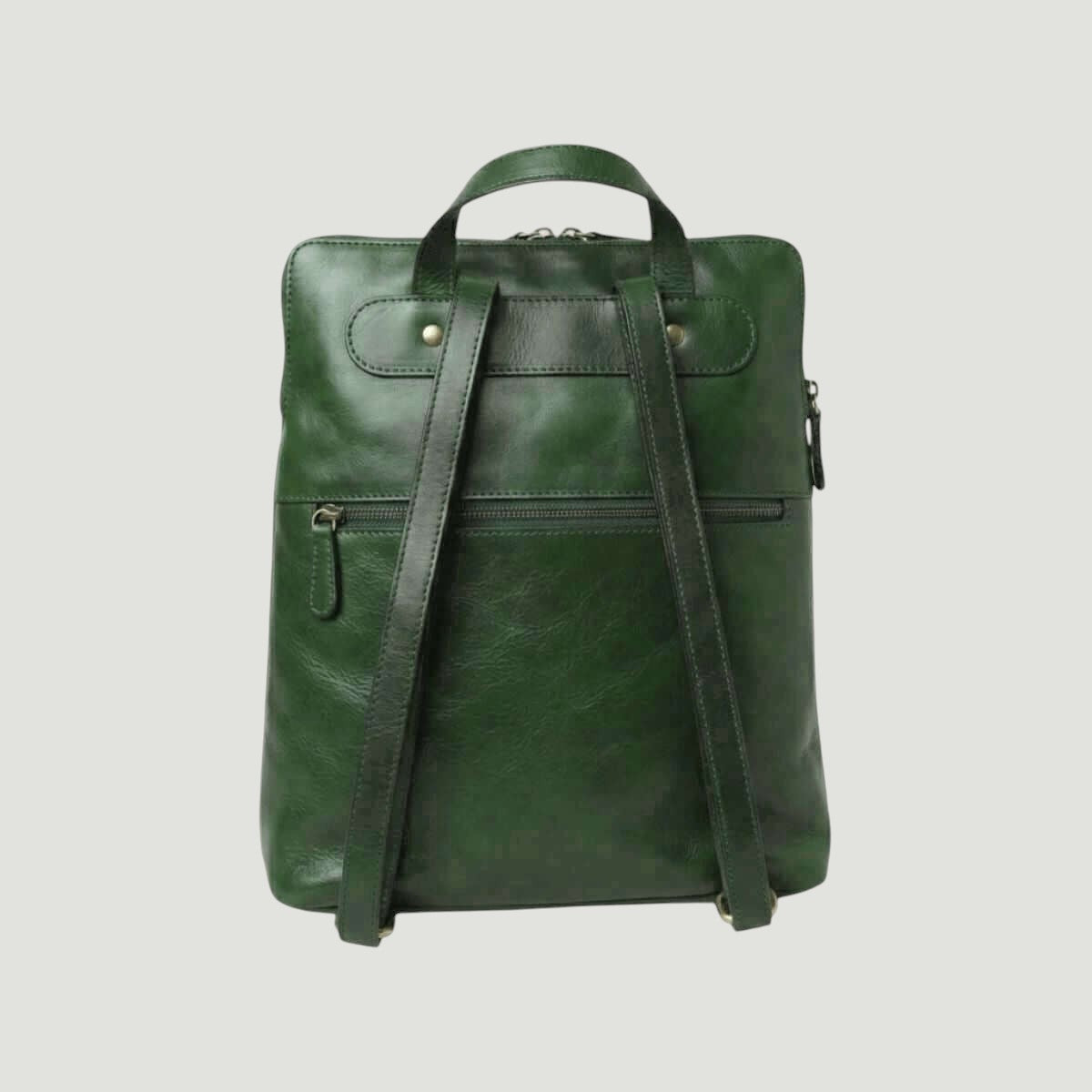 Zaino in pelle verde con manici doppi, tasche frontali e spallacci regolabili