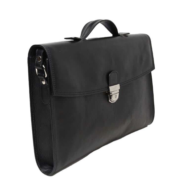 Borsa da ufficio in pelle nera con manico e patta centrale con fibbia