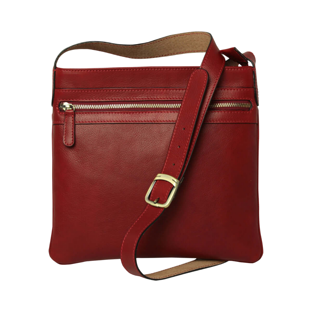 Borsa a tracolla rossa in pelle con zip centrale e fibbia regolabile