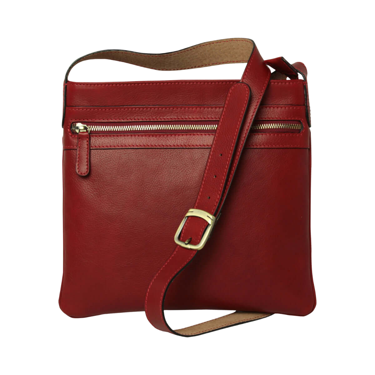 Borsa a tracolla rossa in pelle con zip centrale e fibbia regolabile