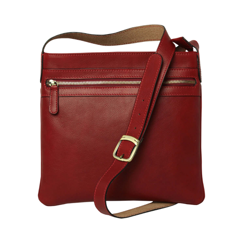 Borsa a tracolla rossa in pelle con zip centrale e fibbia regolabile