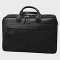 Borsa in pelle nera per laptop con manico e zip frontale, tasca esterna