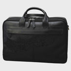 Borsa in pelle nera per laptop con manico e zip frontale, tasca esterna