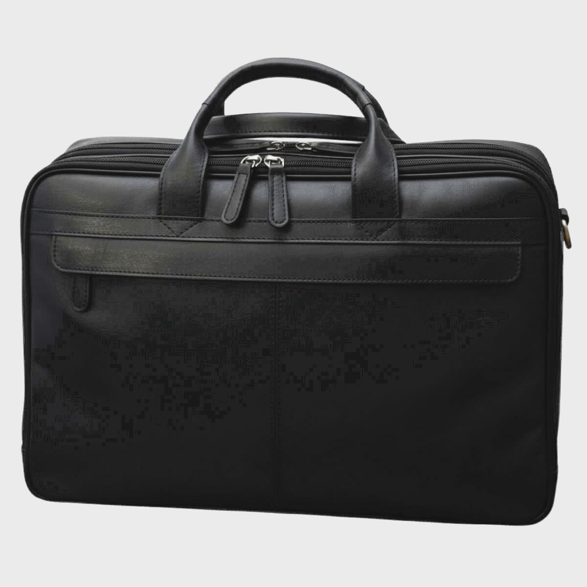 Borsa in pelle nera per laptop con manico e zip frontale, tasca esterna