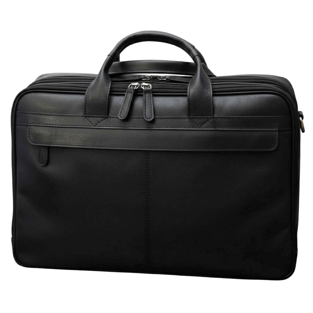 Borsa in pelle nera per laptop con maniglia e chiusura con zip.