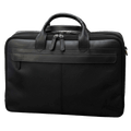Borsa in pelle nera per laptop con maniglia e chiusura con zip.