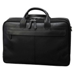 Borsa in pelle nera per laptop con maniglia e chiusura con zip.