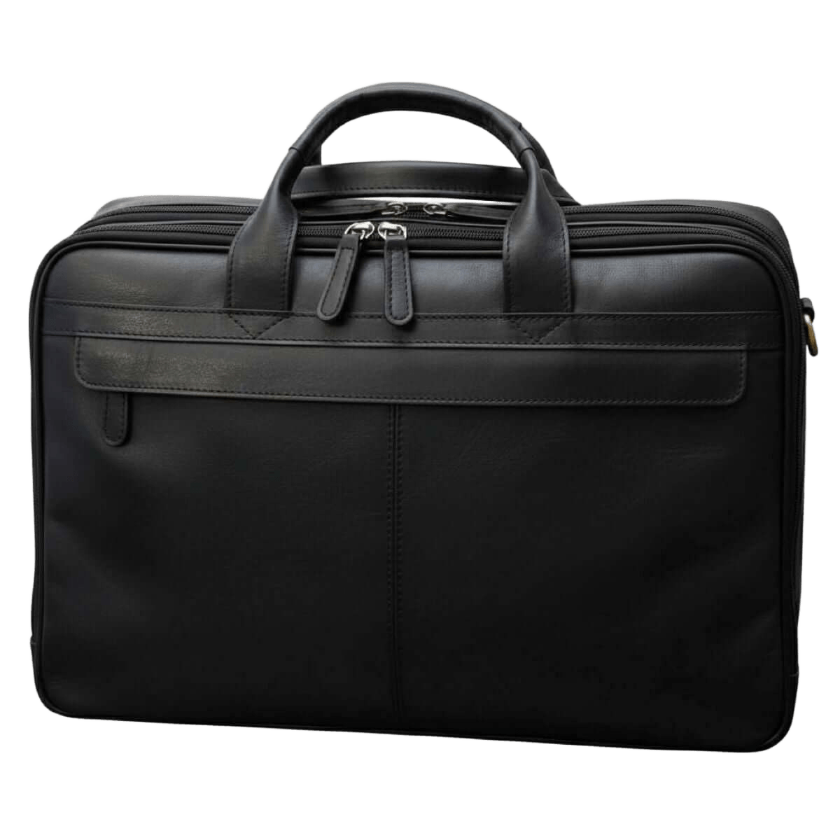 Borsa in pelle nera per laptop con maniglia e chiusura con zip.