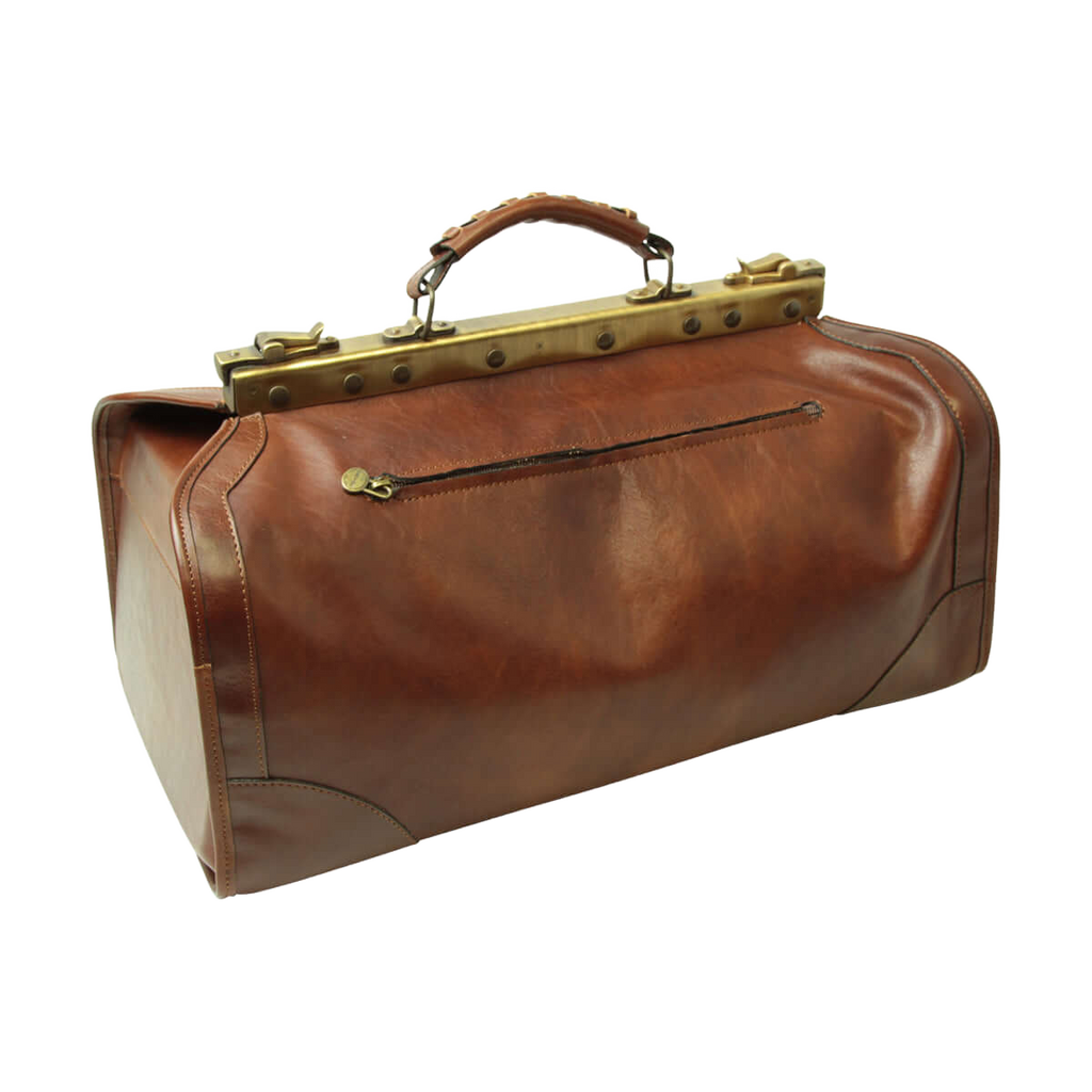 Borsa da viaggio in pelle marrone con manico superiore e chiusura metallica color oro