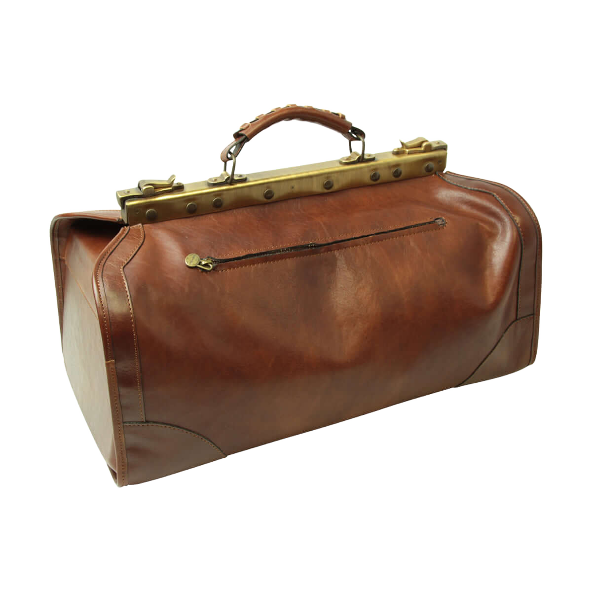 Borsa da viaggio in pelle marrone con manico superiore e chiusura metallica color oro