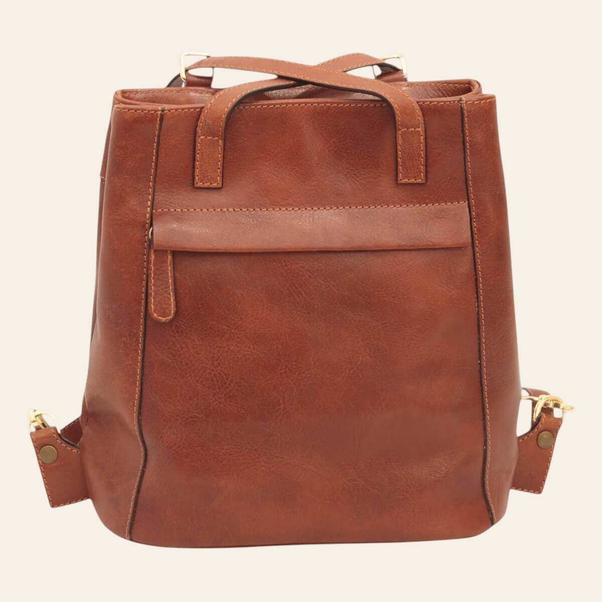 Brauner Lederrucksack mit Schultergurt, Fronttasche und oberen Griffen