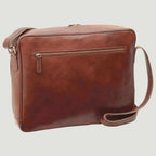 Borsa messenger in pelle pieno fiore marrone con tasca frontale con zip e tracolla in pelle
