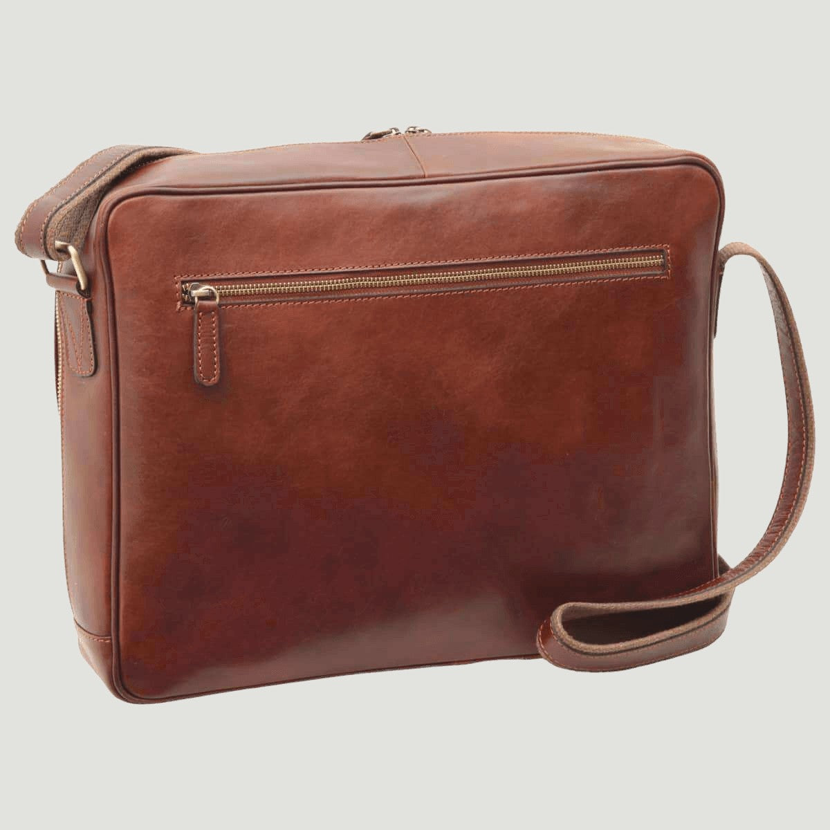 Borsa messenger in pelle pieno fiore marrone con tasca frontale con zip e tracolla in pelle