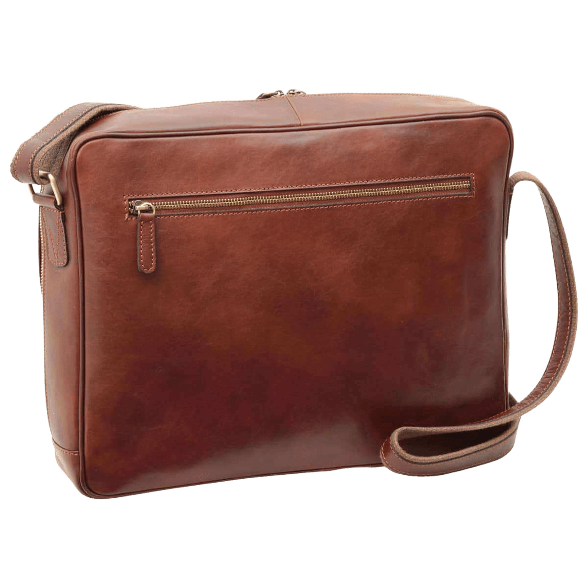 Borsa messenger in pelle marrone con tracolla e zip frontale