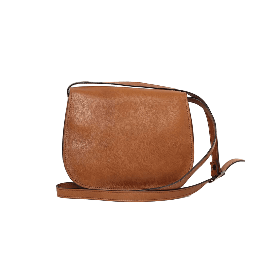 Borsa a tracolla in pelle cuoio, forma semicircolare, tracolla, chiusura zip