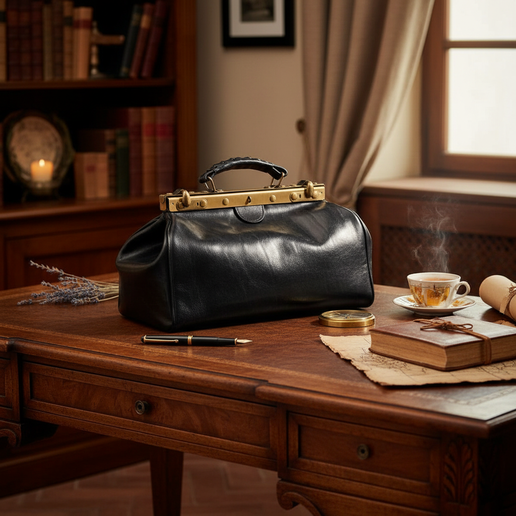 Borsa in pelle nera con manico corto e borchie color ottone, su scrivania