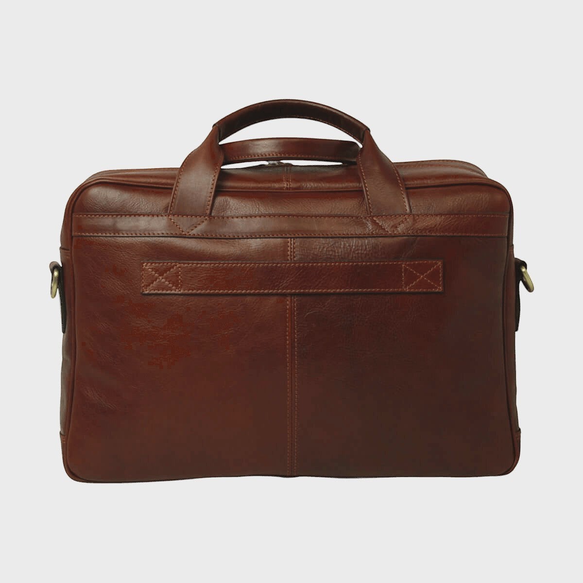 Borsa in pelle marrone per laptop con manico superiore e tasca frontale con zip