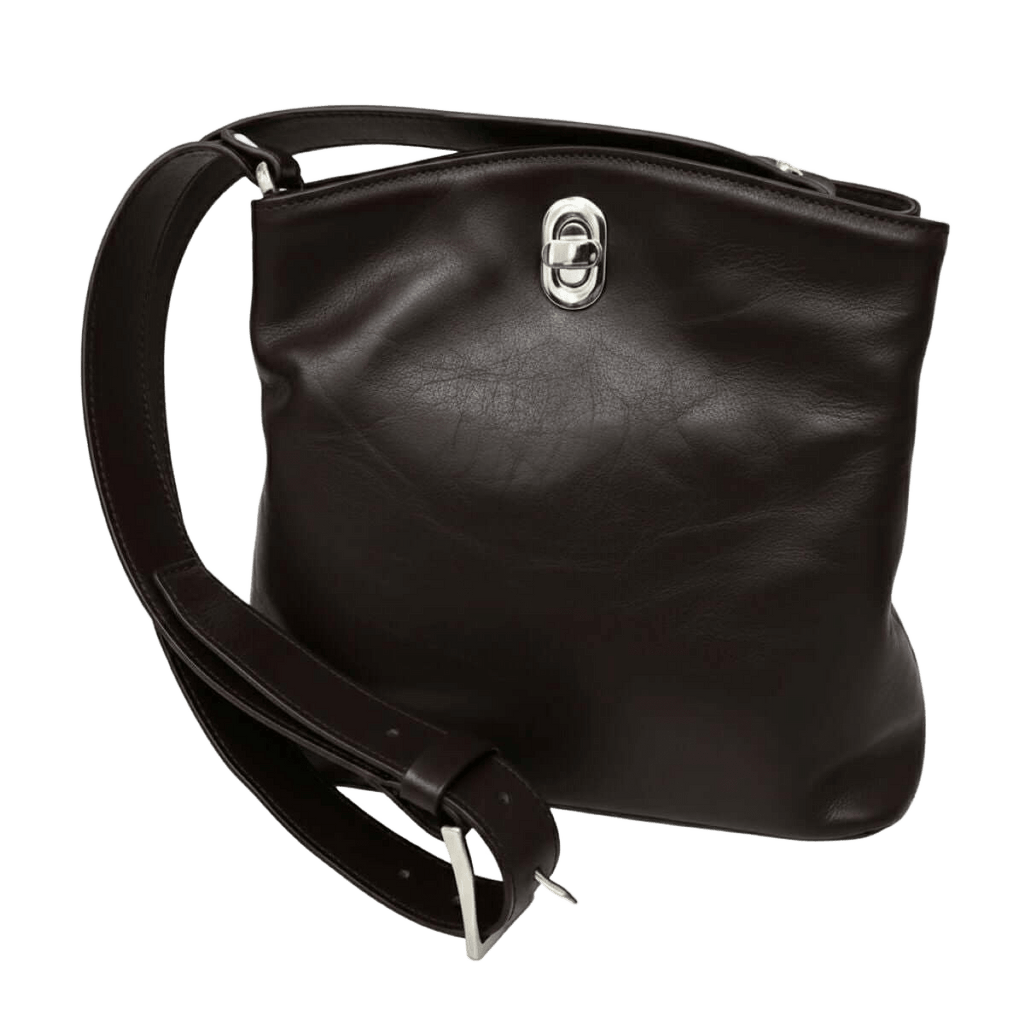 Borsa a secchiello in pelle marrone scuro con chiusura metallica e tracolla regolabile