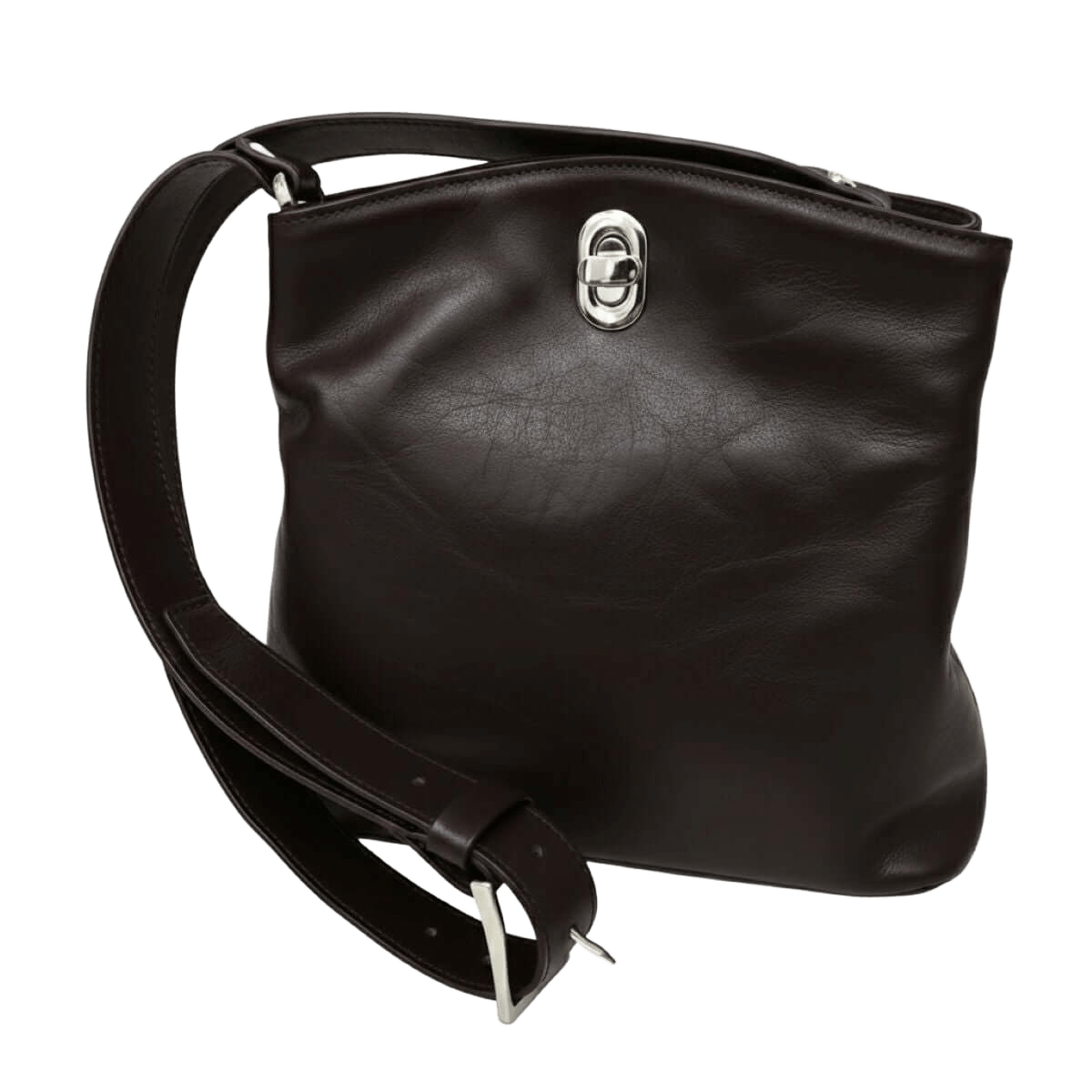 Borsa a secchiello in pelle marrone scuro con chiusura metallica e tracolla regolabile