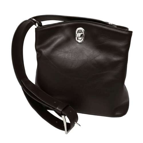 Borsa a secchiello in pelle marrone scuro con chiusura metallica e tracolla regolabile