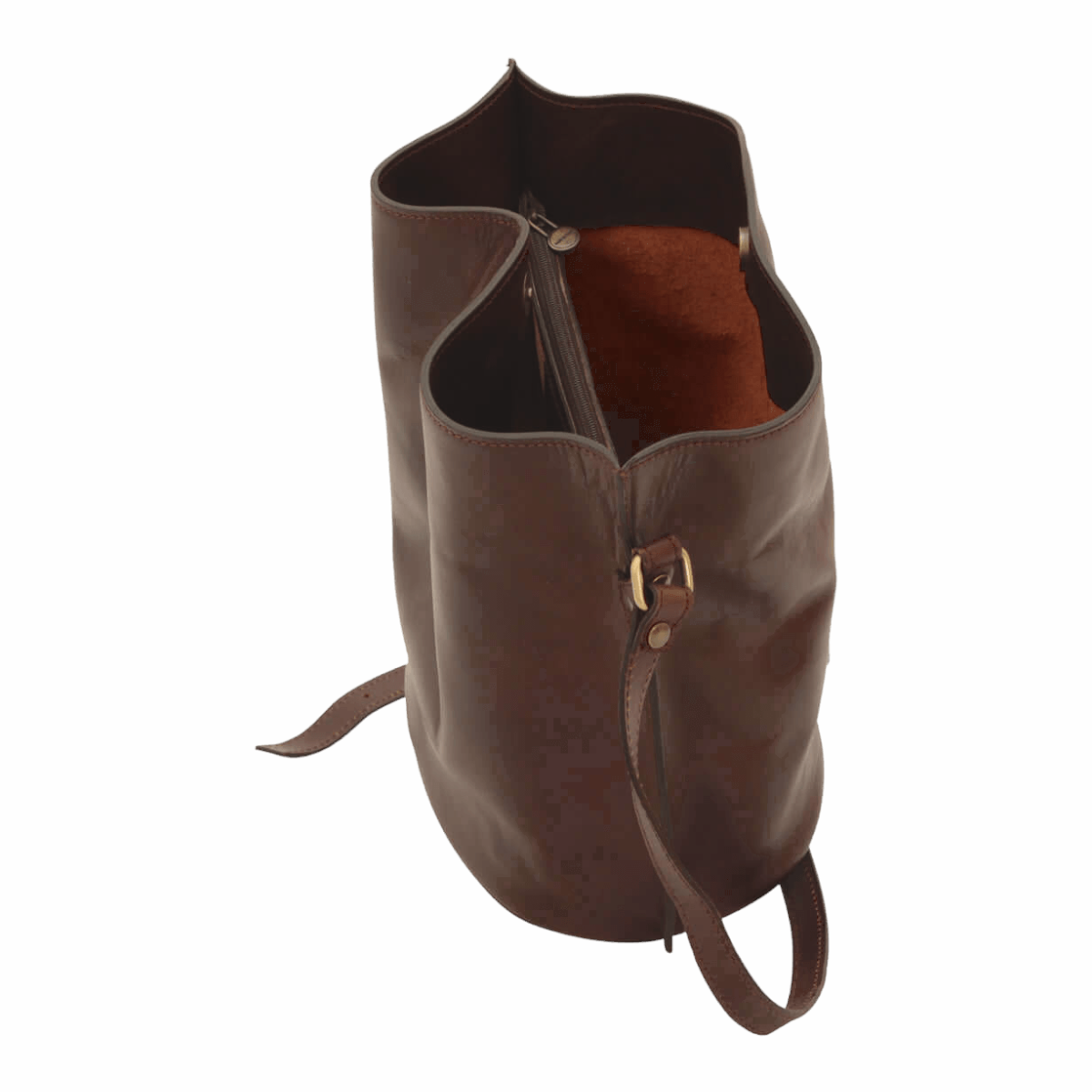 Borsa a tracolla in pelle marrone scuro aperta, con scomparto centrale con zip e interno visibile
