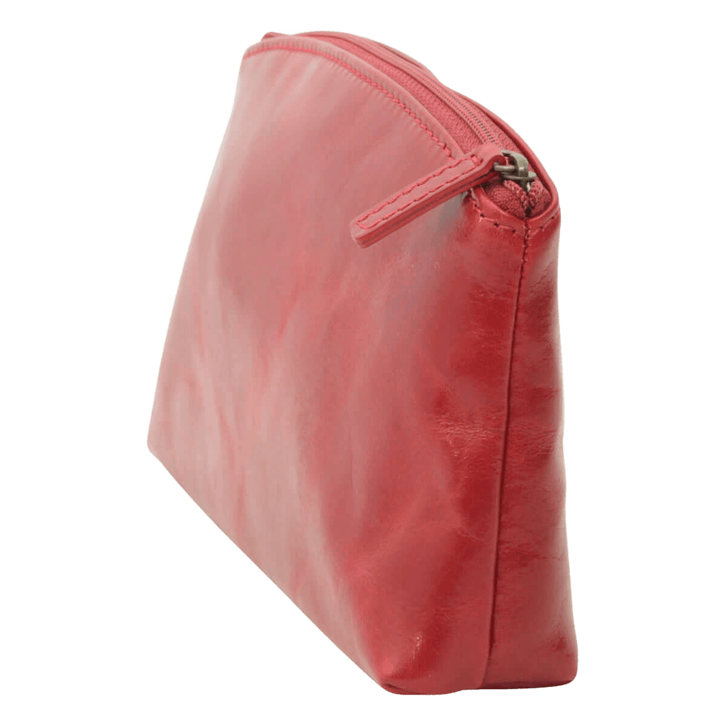 Astuccio beauty in pelle rossa con zip e tirante metallico
